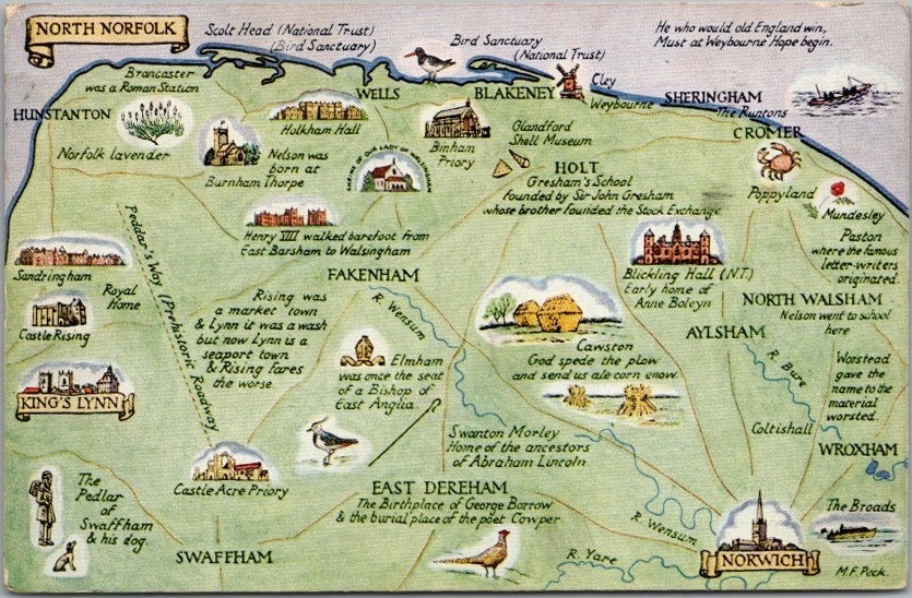 Vintage NORWICH / NORTH NORFOLK England UK Postcard MAP -1956 Cancel /QEII Stamp