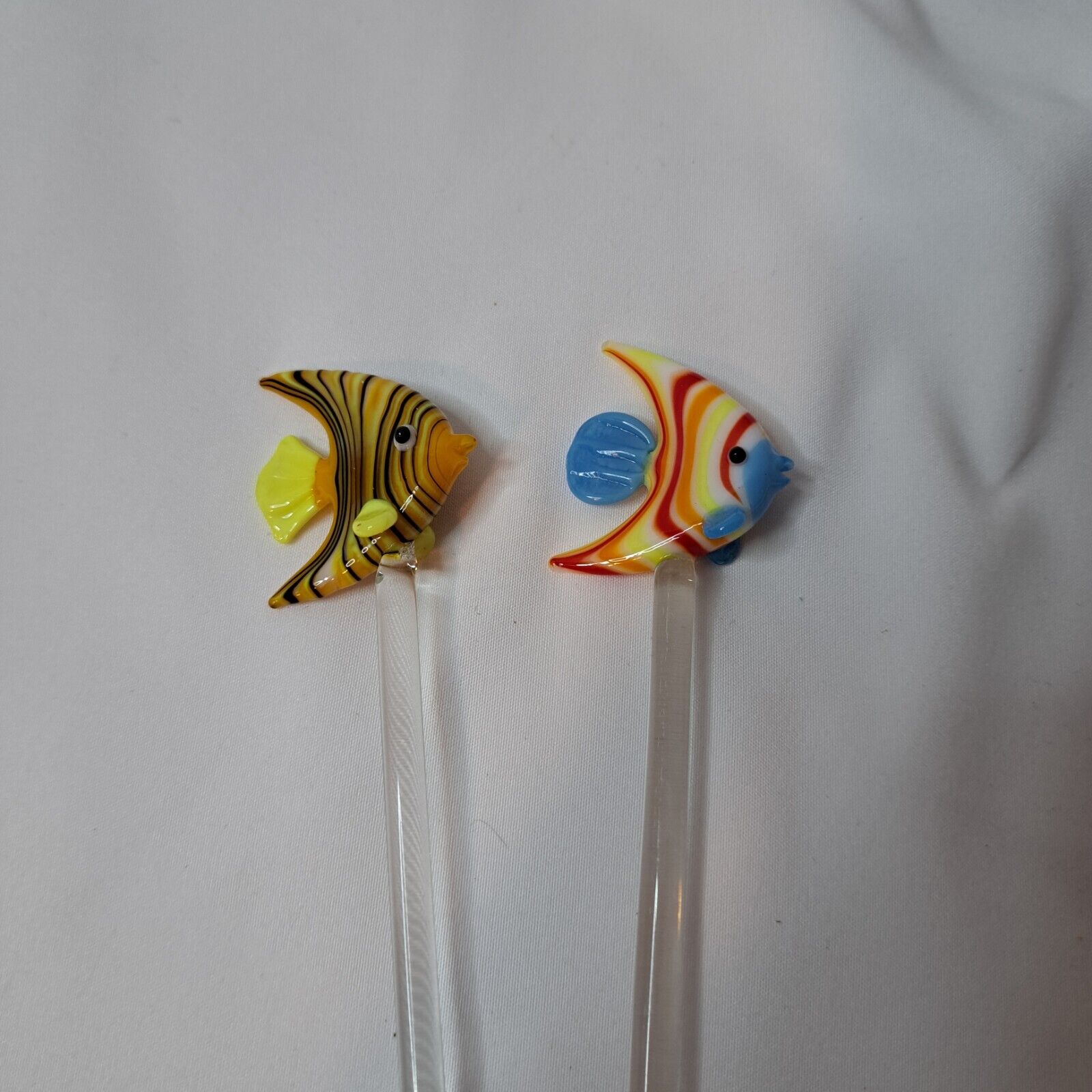 Hand Blown Glass Tropical Angel Fish Stirrers Sticks Drink Lot of 2 Colorful 
