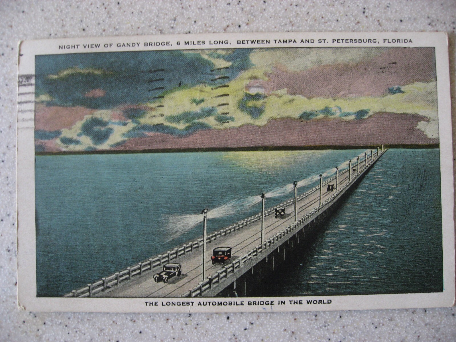 Vtg Florida News Company Post Card - Night View Gandy Bridge, FL - Posted 1928