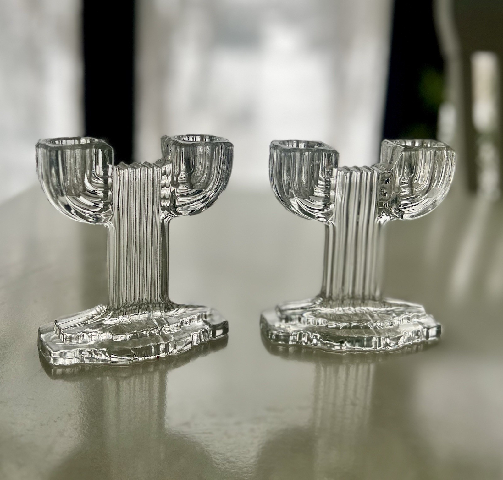 VINTAGE Art Deco Anchor Hocking Glass Queen Mary Double Candlestick  1936 - 1949