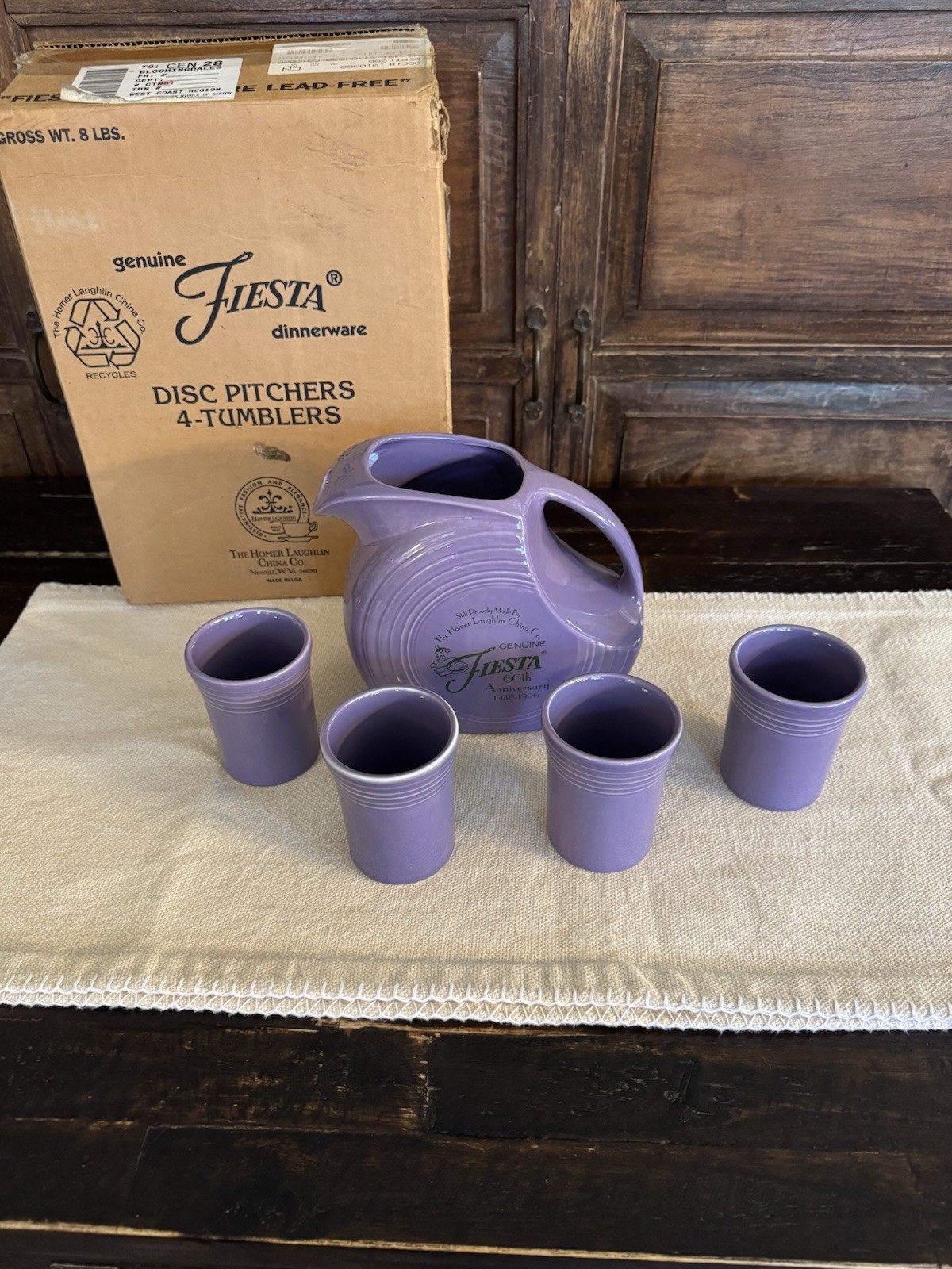 Vintage Fiesta Ware 60th Anniversary Purple Lilac Pitcher & 4 Tumblers 1996 New