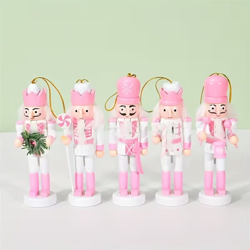 5-Set Christmas Nutcracker Soldier Dolls Hanging Ornaments Home Decor Pink
