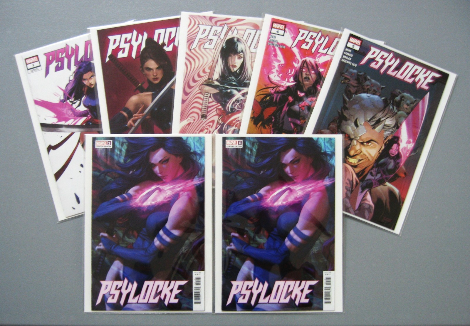 PSYLOCKE 1 2 3 4 5 & 2x ARTGERM VARIANT #1 - LOT OF 7 - BRAND NEW MYLAR