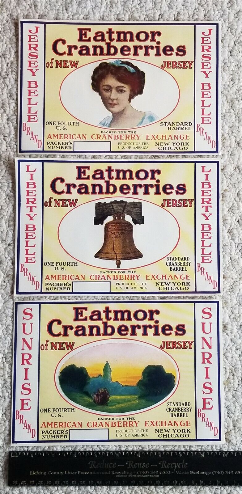 1930s 3 DIFF EATMOR CRANBERRIES CRANBERRY CRATE LABELS {SUNRISE LIBERTY JERSEY}