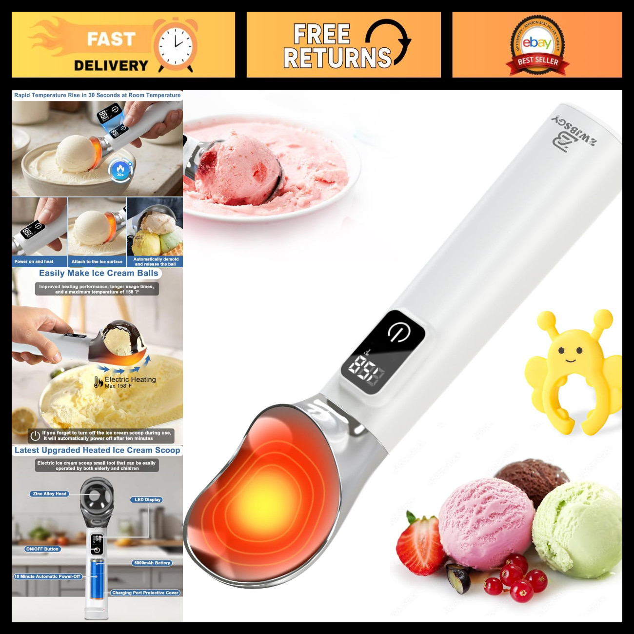 Rechargeable Heated Ice Cream Scoop - Effortless Serving for Hard Ice Cream