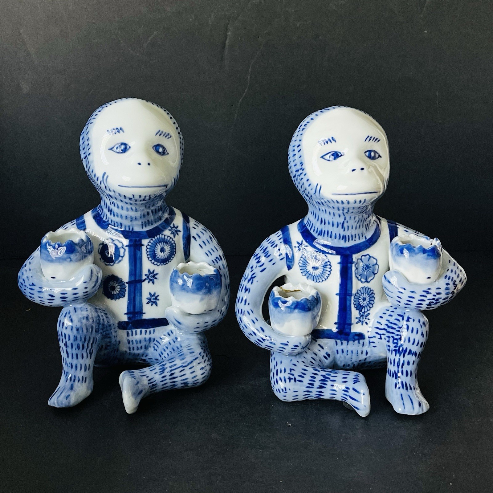 Vintage Blue & White Chinoiserie Porcelain Monkey Lotus Candle Holder Set Of 2