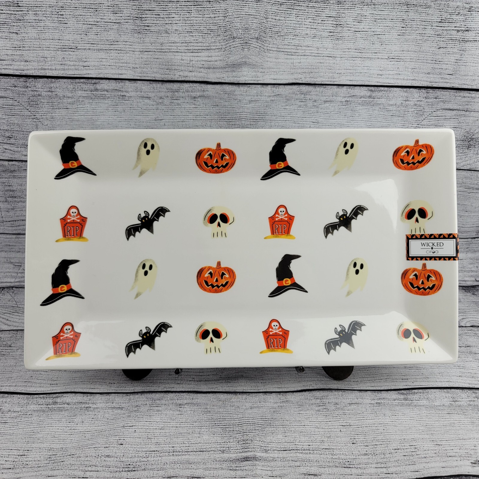 Ciroa Ceramic 14in Halloween Serving Tray, Ghosts, Pumpkins, Witch, Skull