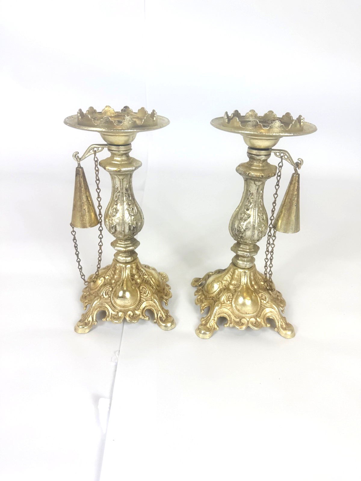 Vintage Gold-Toned Ornate Baroque Style Cast Metal Candleholder Attached Snuffer