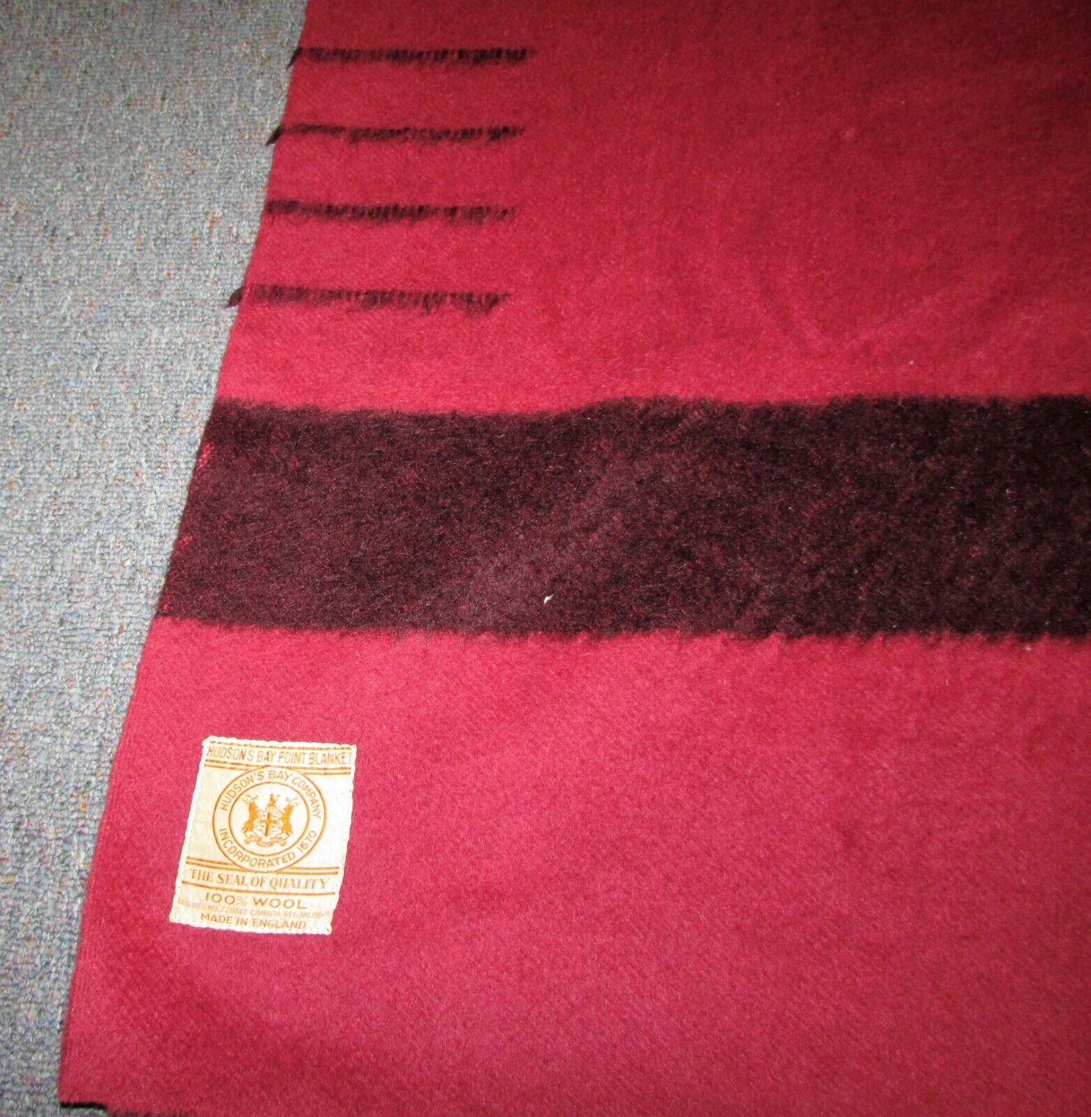 1940\'s Hudson\'s Bay Point Blanket 4 Point Scarlet Red w/Black Stripes Excellent