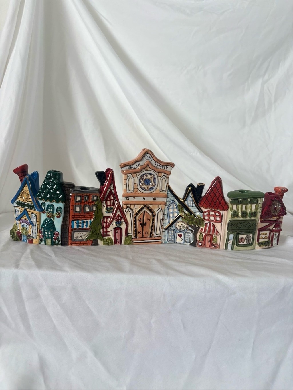 Vintage Y2K menorah ceramic village blue sky candle holder home decor