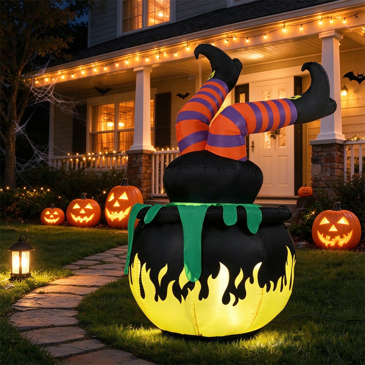 6FT Halloween Inflatable Animated Kicking Witch, LED Light Up Flaming Cauldron,