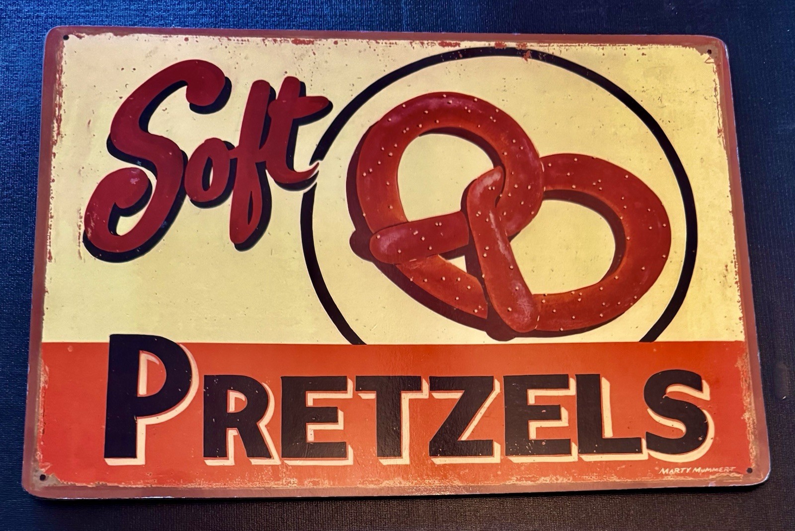 MARTY MUMMERT VINTAGE SOFT PRETZELS CORK BOARD RETRO SIGN 16\