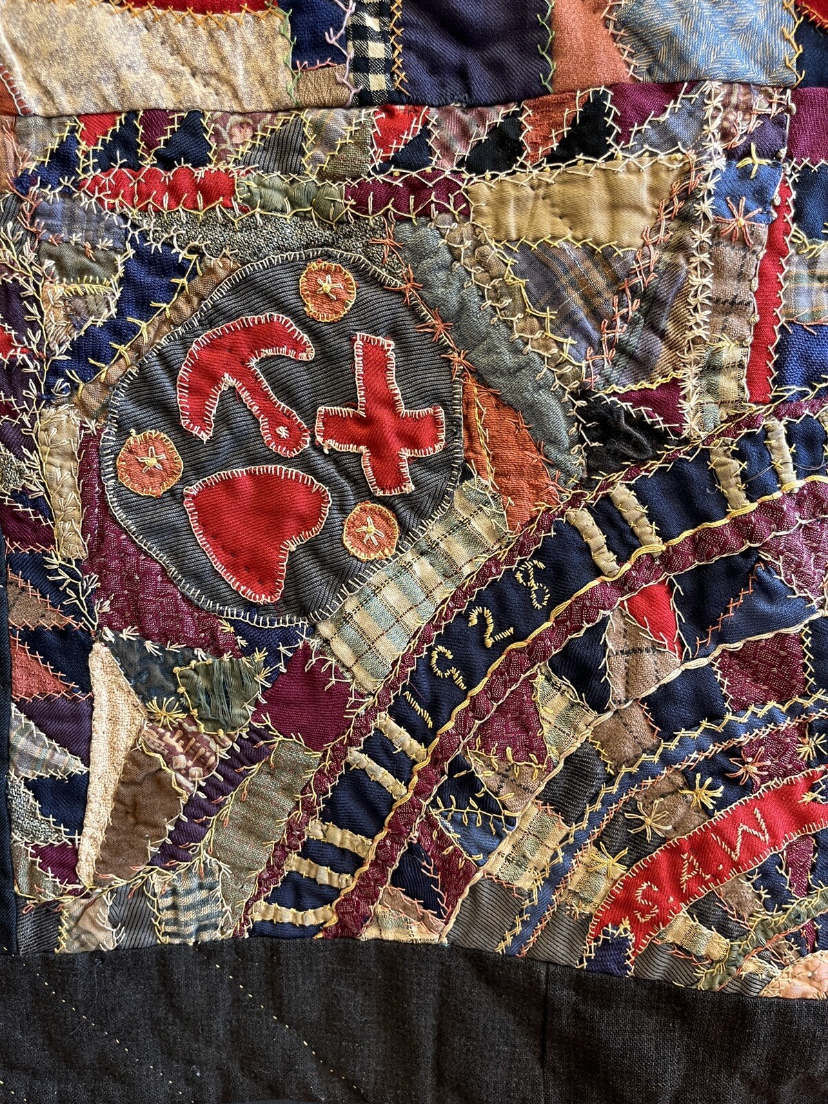 Antique crazy quilt Signed & dated 1928