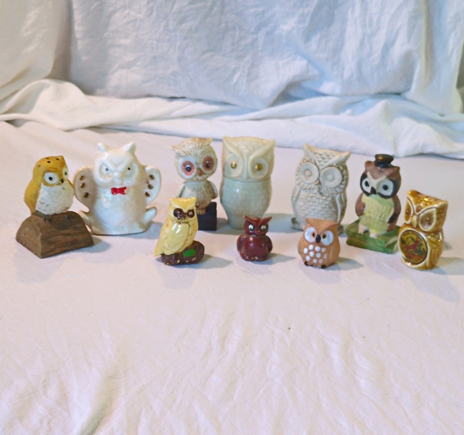  Lot 10 Vintage Owl Figurines Enesco Wise Owls Shakers Retro Kitsch Fall Decor 