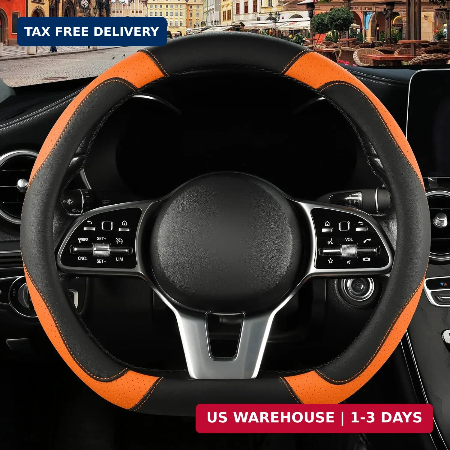 Black Orange Microfiber Leather D Shaped Steering Wheel Cover | Breathable Anti