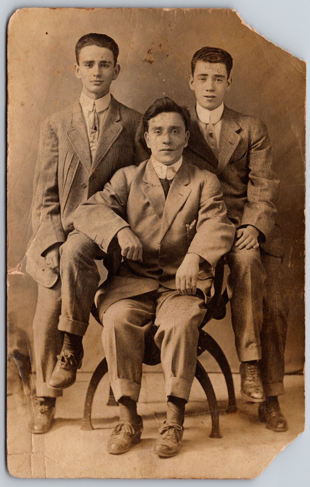 c1910s Three Men Suits Studio Portrait Pants Folded At Bottom VINTAGE Postcard
