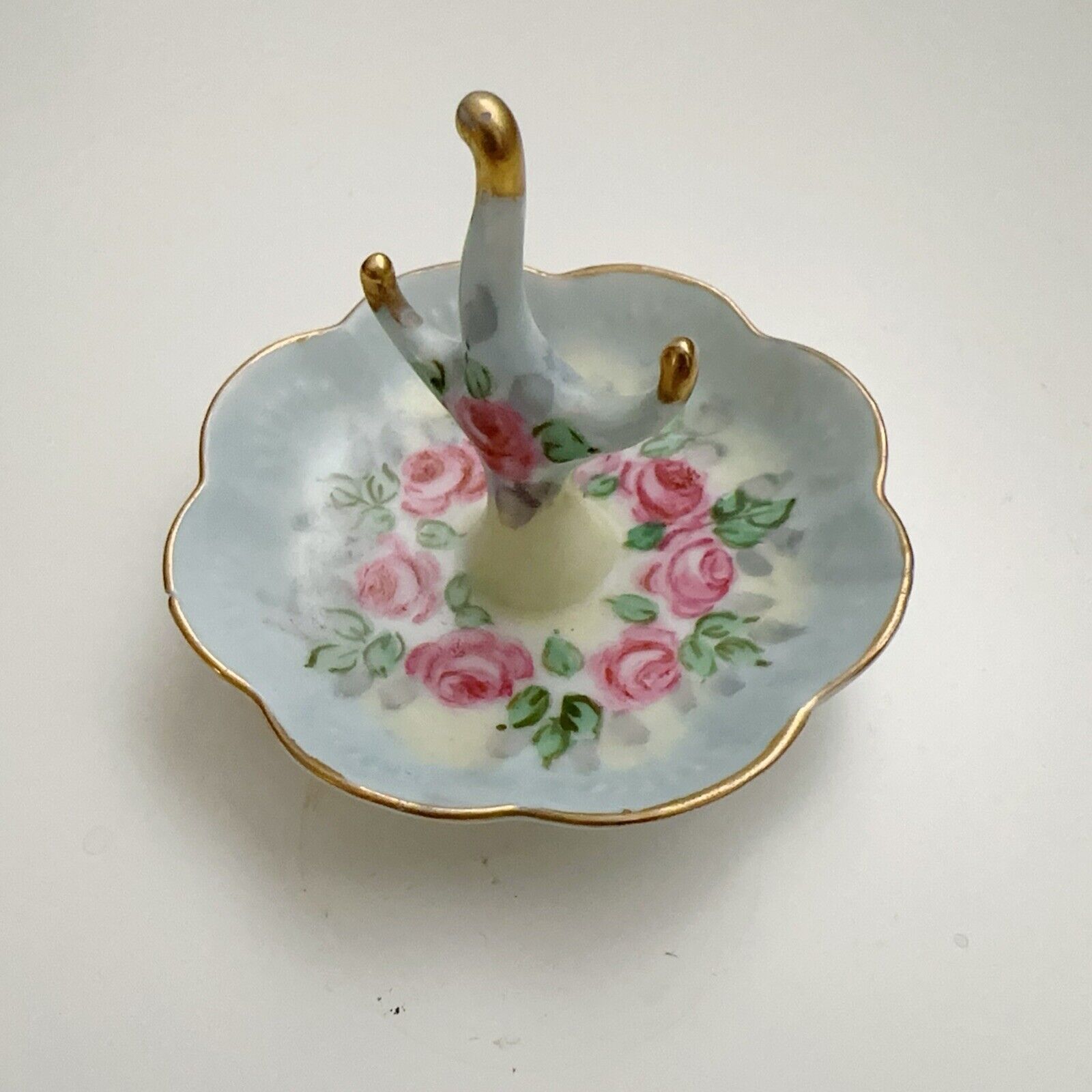 Cute Porcelain Ring Trinket Holder with Painted Roses and Leaves Signed