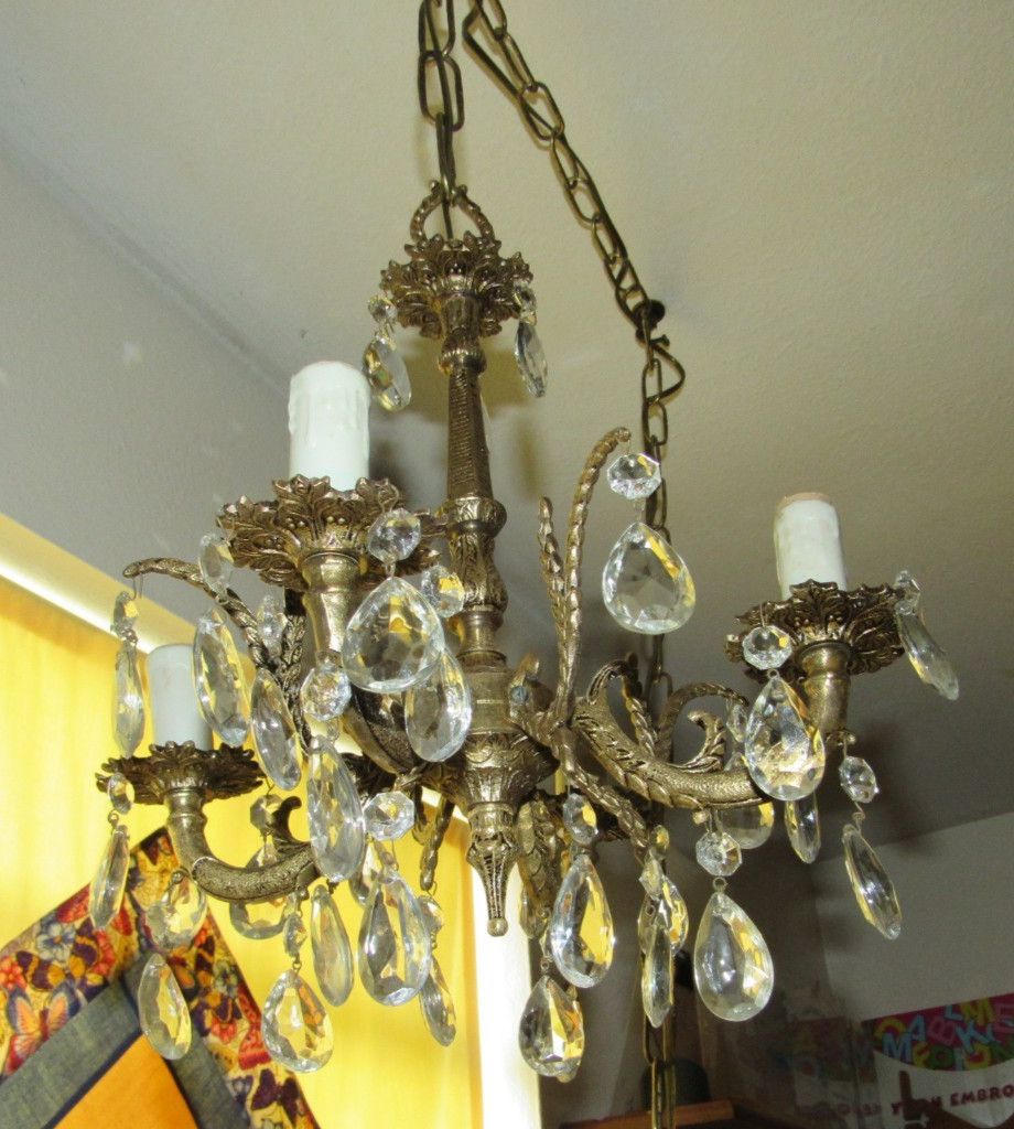 Vintage Petite Brass Prism Swag Chandelier, 4 Lights, Made in Spain,  12