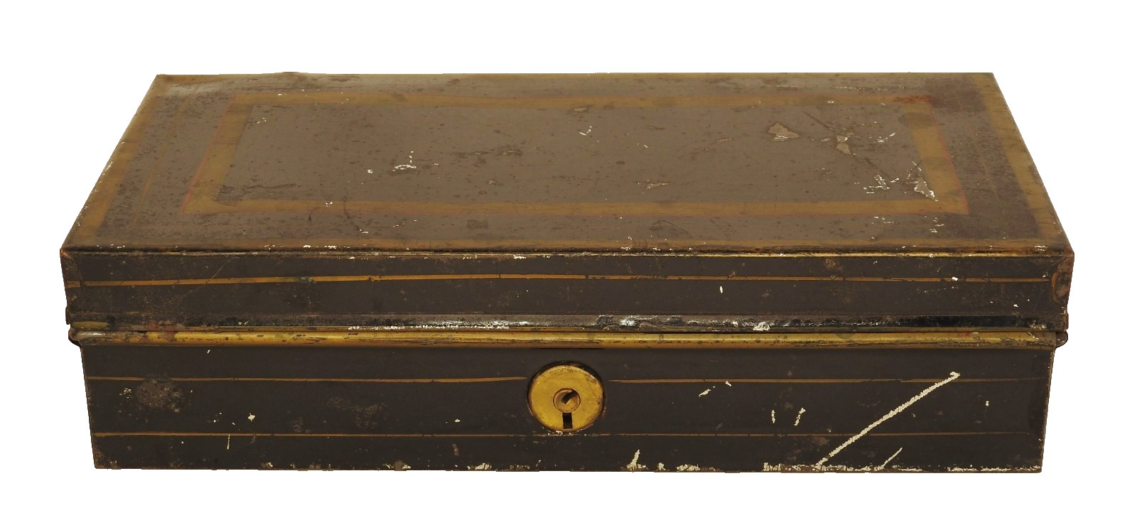 Antique Victorian Japanned Tin Document Box Black Gold Cash Lock Box No Key