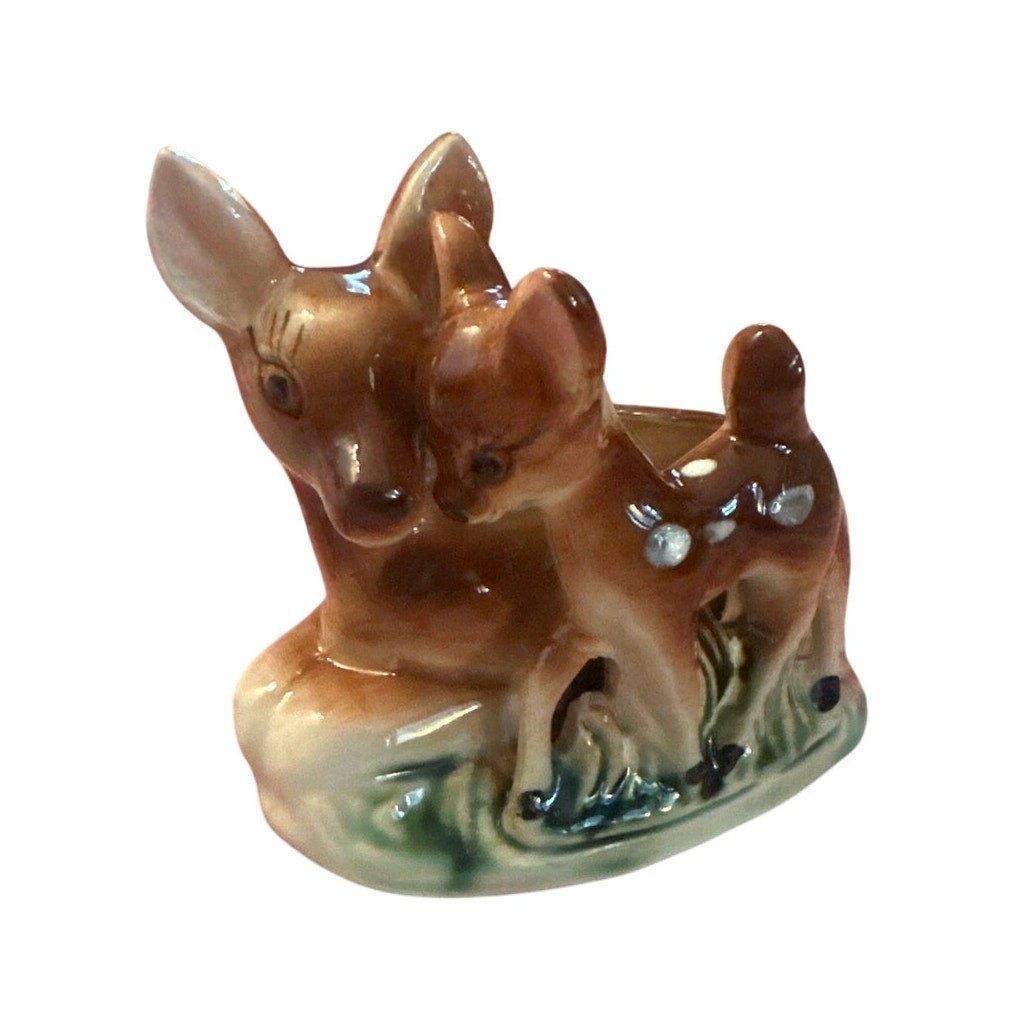 Vintage Shafford Deer & Fawn Ceramic Planter Mama Baby Brown Flower Pot Decor