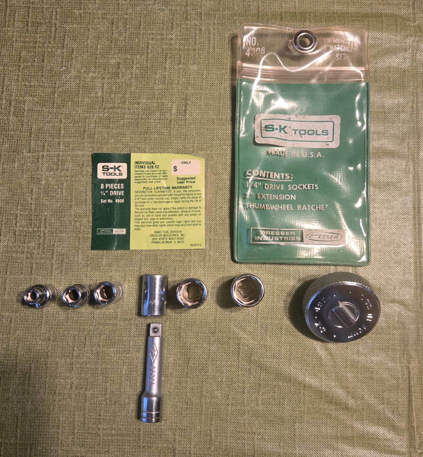 SK Tools USA Nos Rare 8pc 1/4” Thumbwheel Ratchet Set Sockets 4908 Vintage Used SK Tools USA Nos Rare 8pc 1/4” Thumbwheel Ratchet Set Sockets 4908 Vintage Used