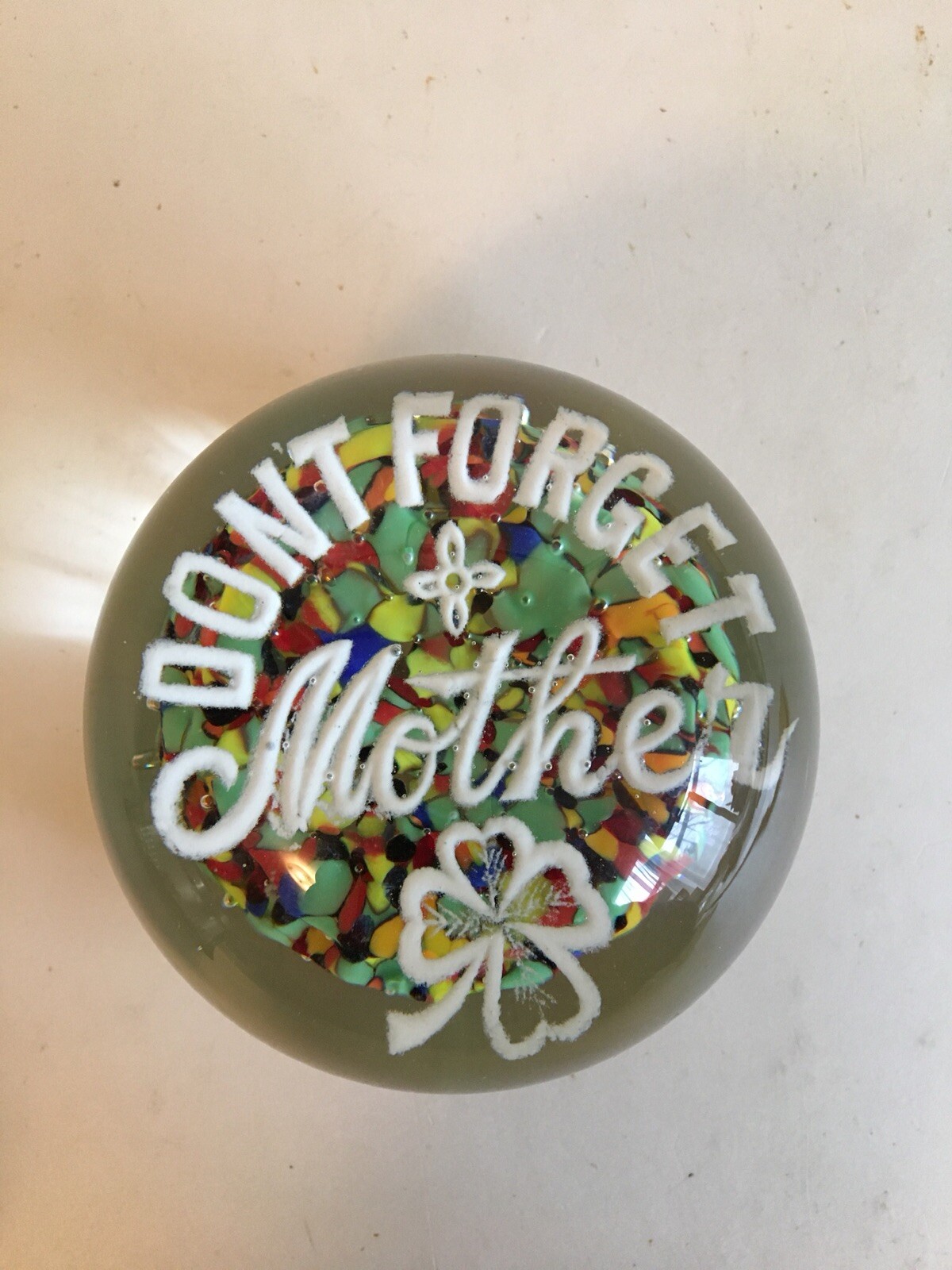 Vintage Glass Art Paperweight DON'T FORGET MOTHER with 4 Leaf Clover