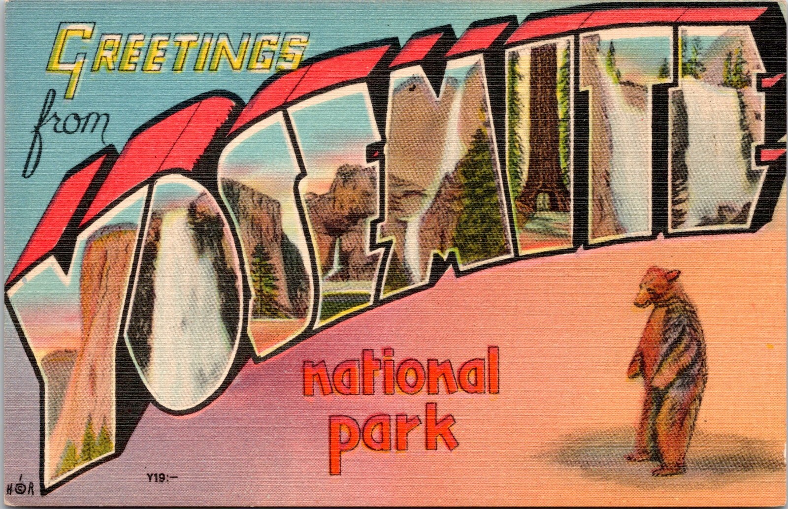 Large Letter Greetings Yosemite National Park California- c1940s Linen Postcard