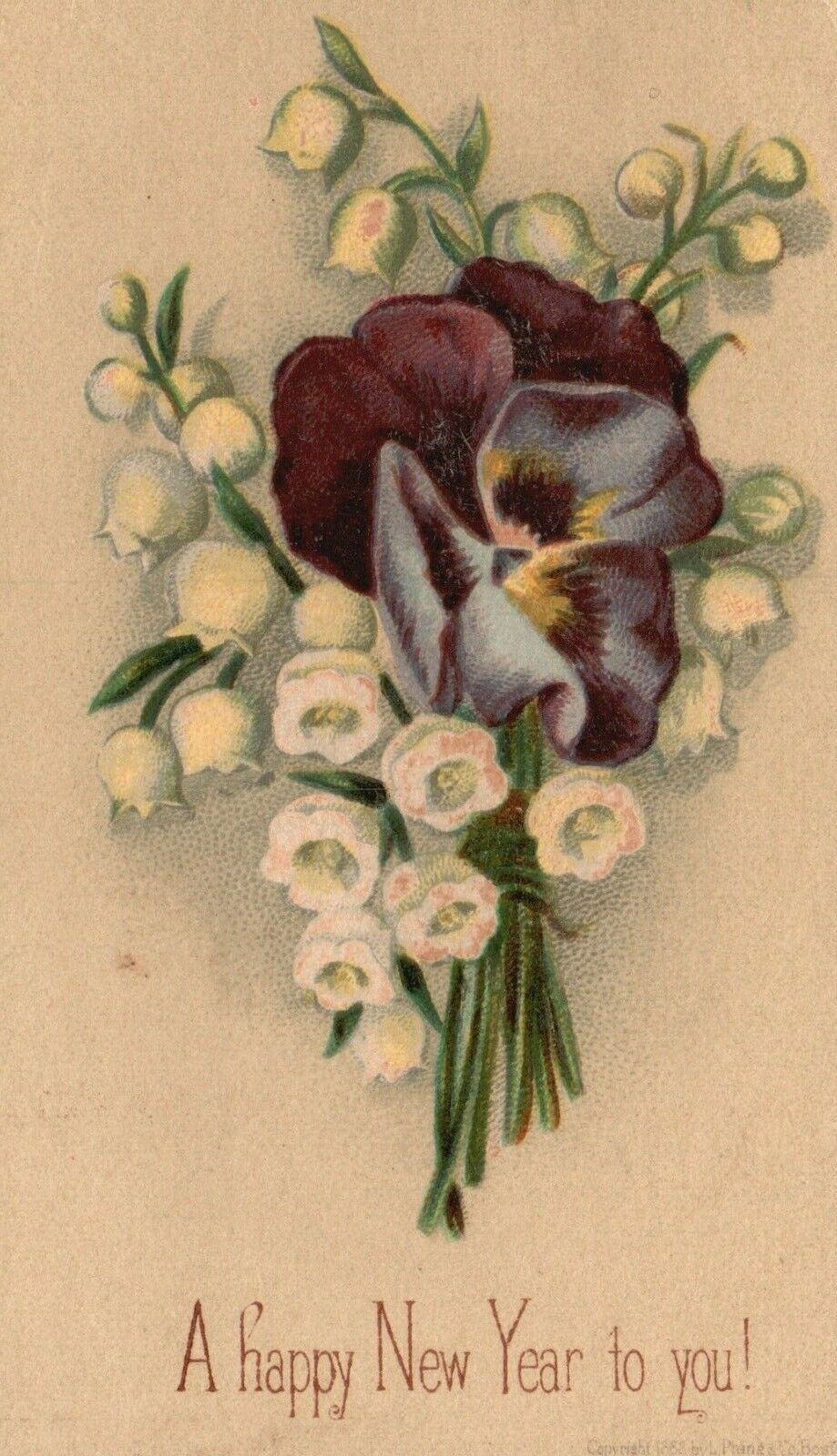 1880s-90s Purple Flowers A Happy New Year to You Trade Card