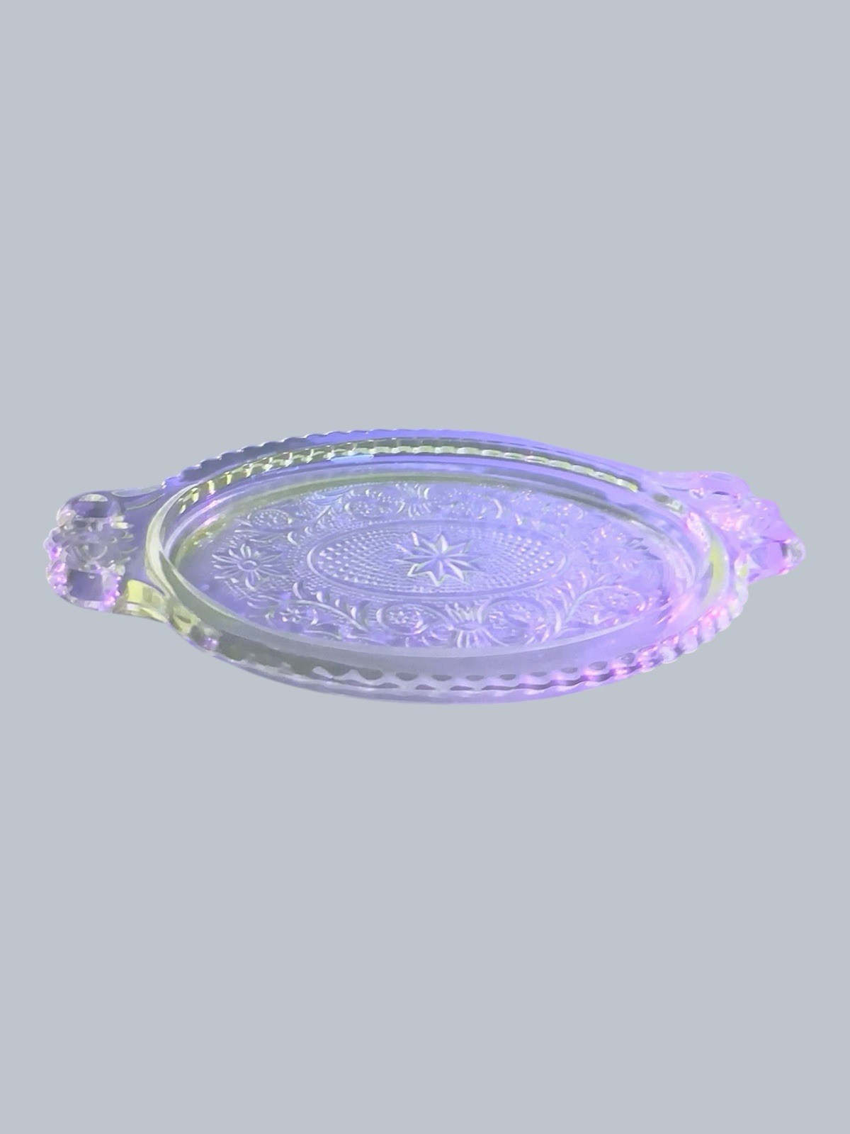 Vintage  Glass Handled Tray UV Reactive Clear Pressed Glass Likely 30s-50s Era
