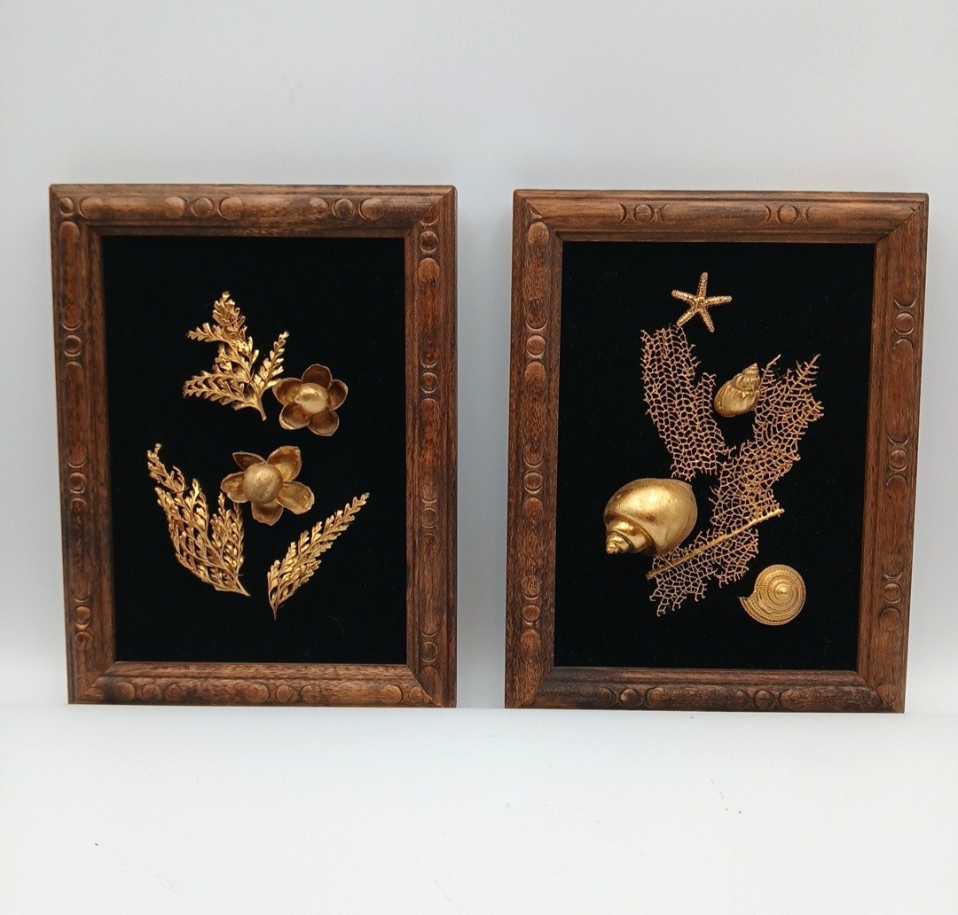 Vtg Saburo 24k Gold Dipped Hawaiian Flower Fern Shell Framed Wall Art 6