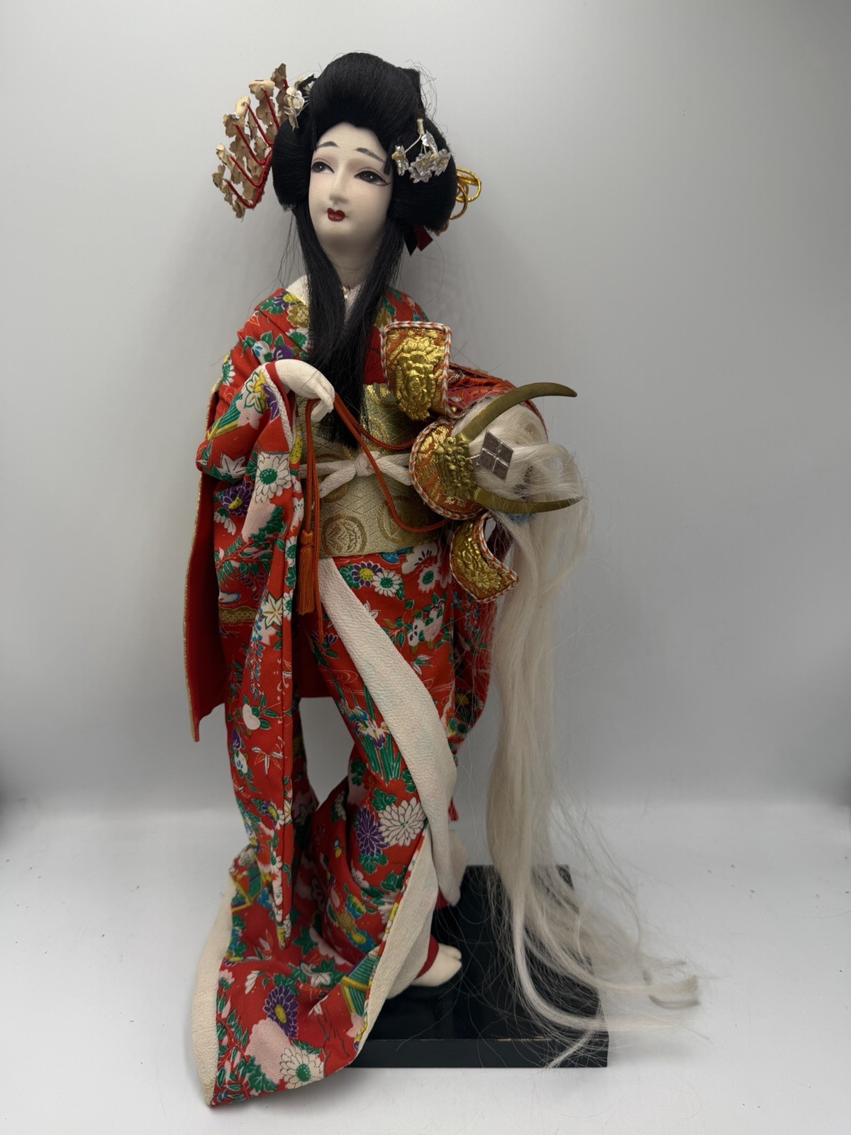 Vintage Japanese Geisha Doll holding Samurai Helmet Beautiful Kimono 18”