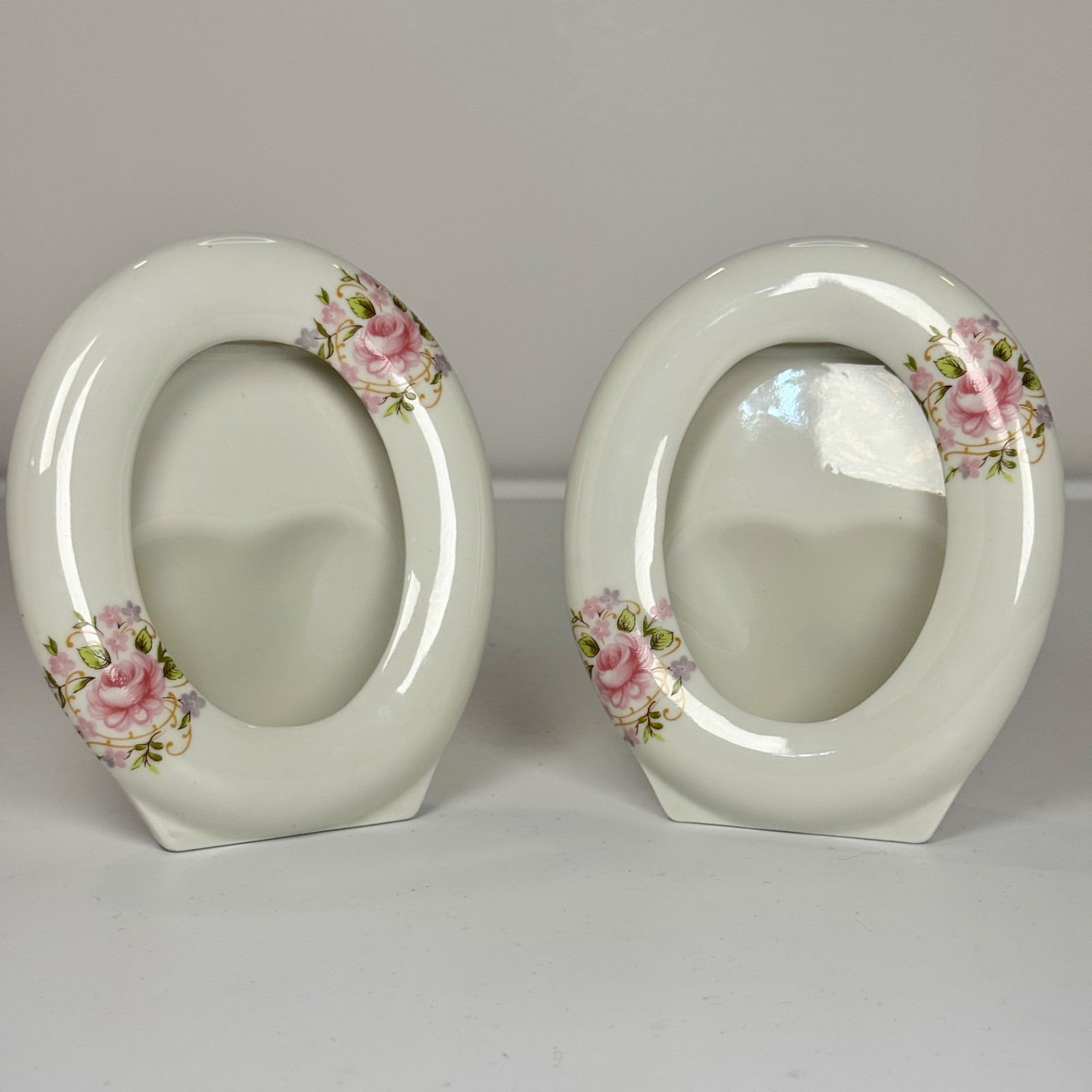Vintage RAJ California Porcelain Oval Picture Frames - Set of 2 Pink Roses Japan