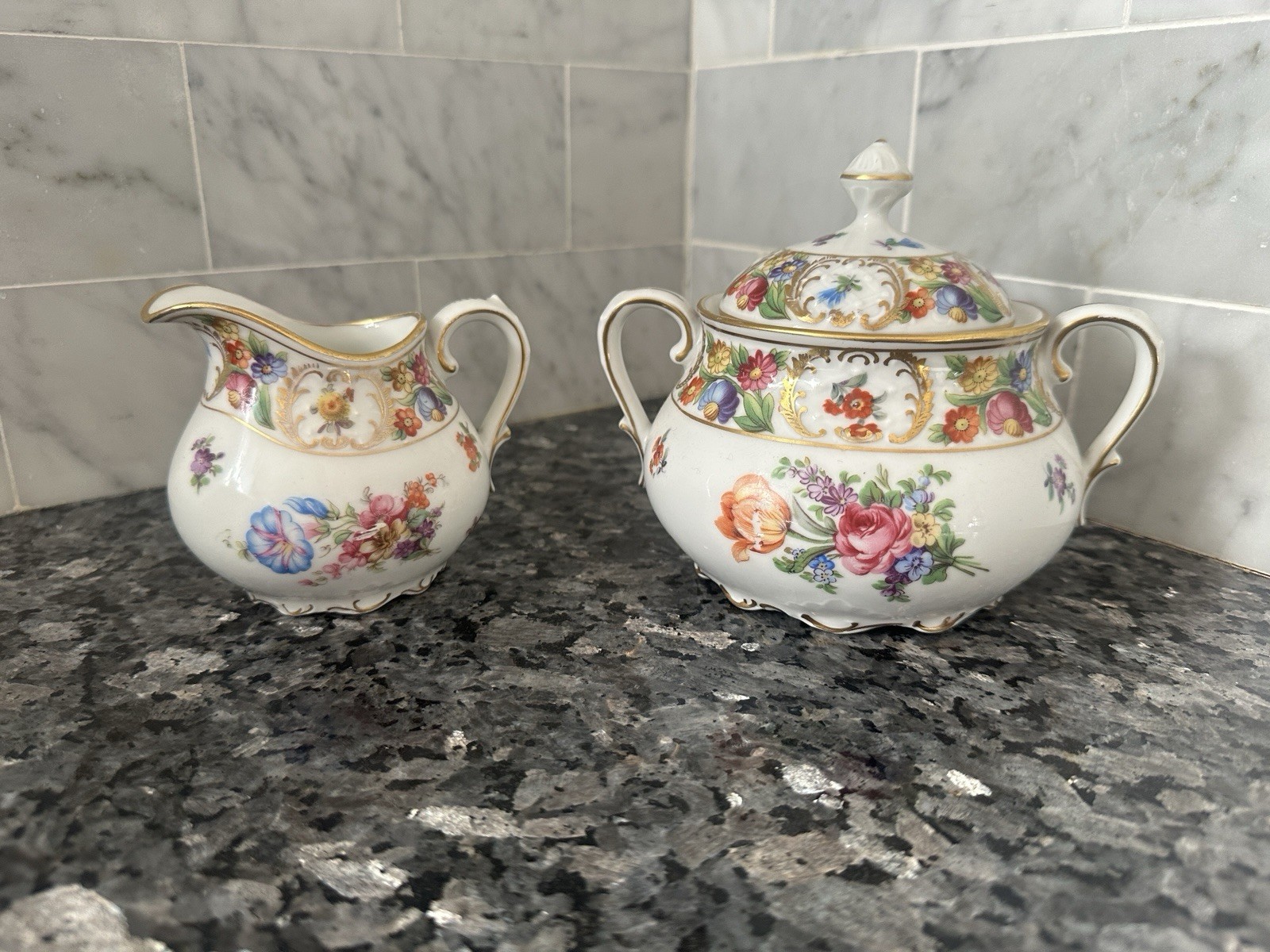 Schumann Creamer & Sugar Bowl - Dresden Flowers Porcelain Germany