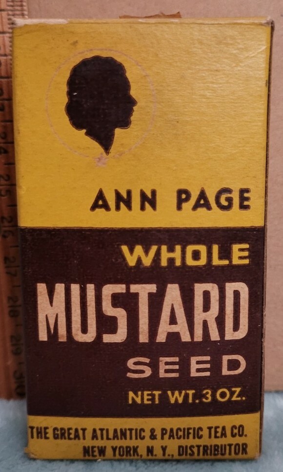 VINTAGE A & P WHOLE MUSTARD SEEDS SPICE BOX ANN PAGE BRAND 