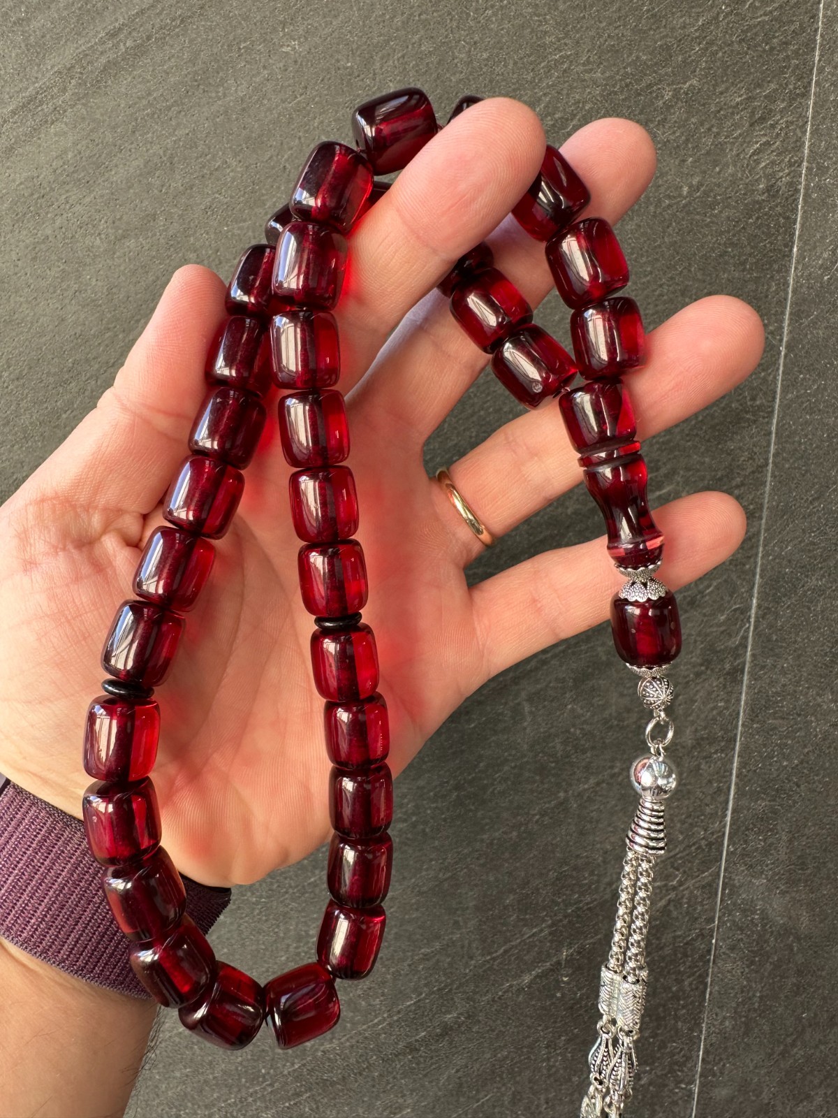 Handmade Deep Red Barrel Islamic Prayer Beads 33 Count Tesbih Misbaha