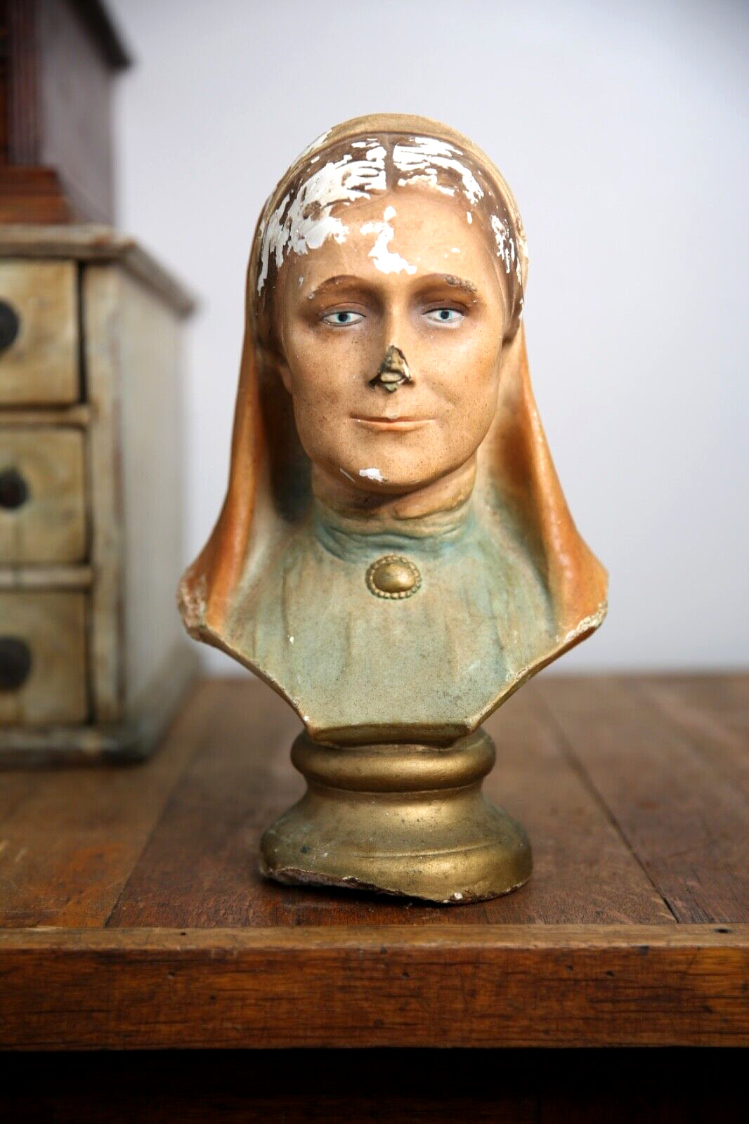 Vintage Antique Woman Chalkware Head Bust Counter Display Religious woman old