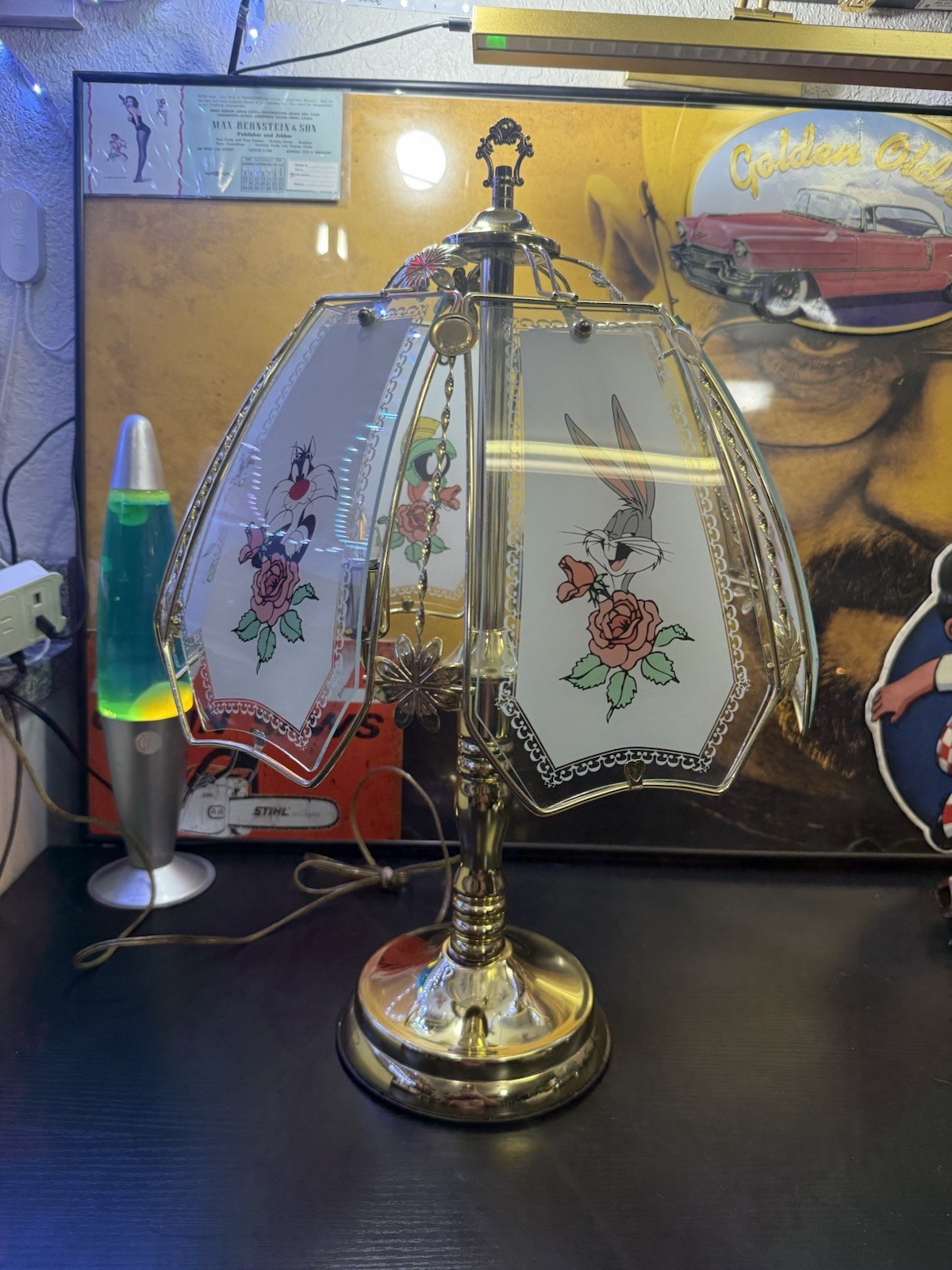 Vintage Looney Tunes Bugs Bunny & Sylvester Touch Lamp Brass Glass Panels