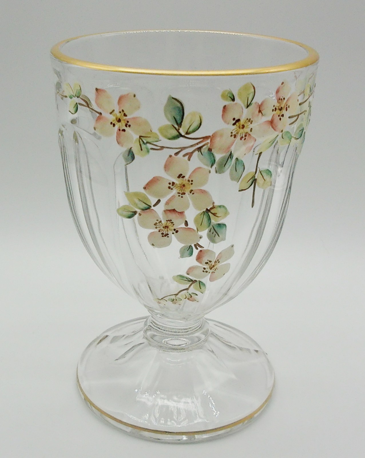 Vintage Victorian Hand Painted Enamel Clear Glass Display Chalice Bowl Vase