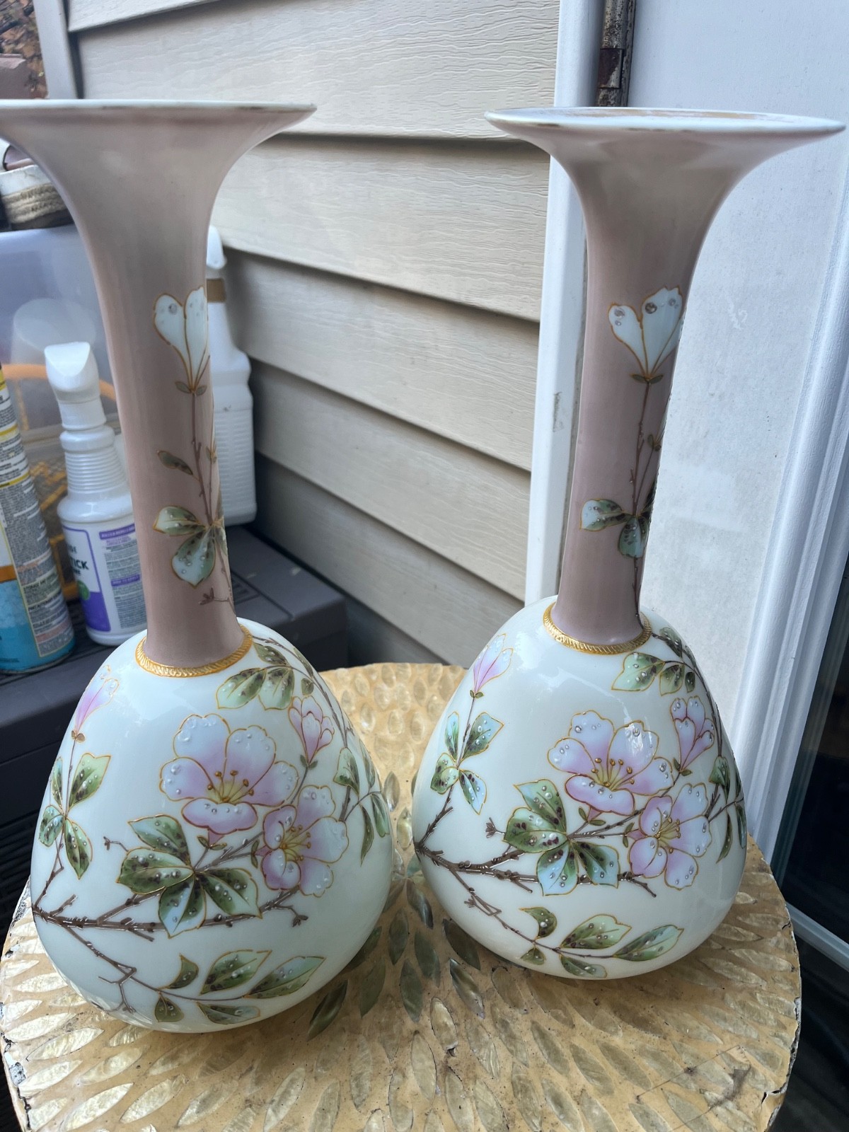 Antique Floral Vases- Pair of stunning hand painted, gold painted accents