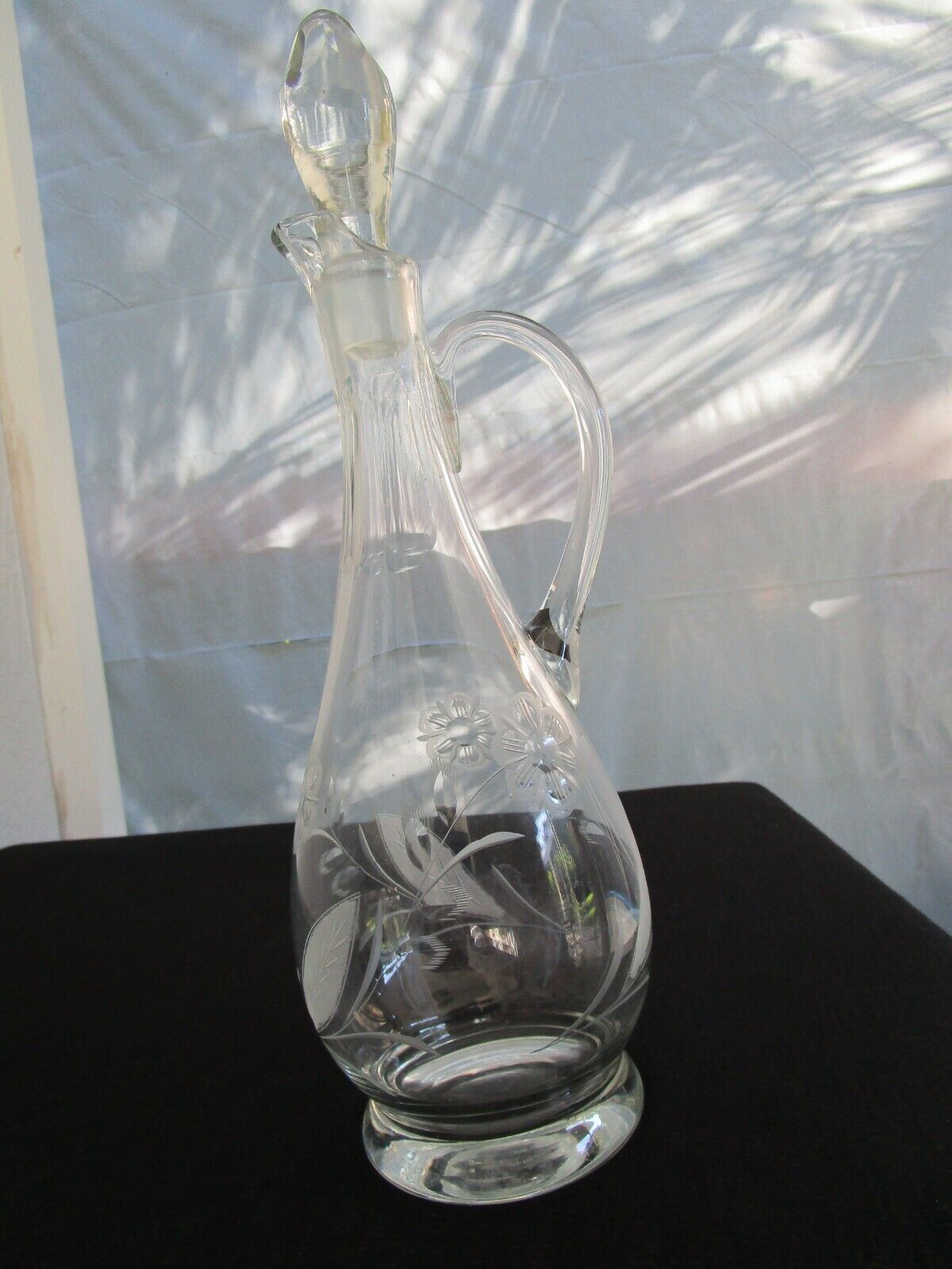 Vintage Etched/Frosted/Cut Glass Tall Handled Decanter with Flower Pattern Cut G