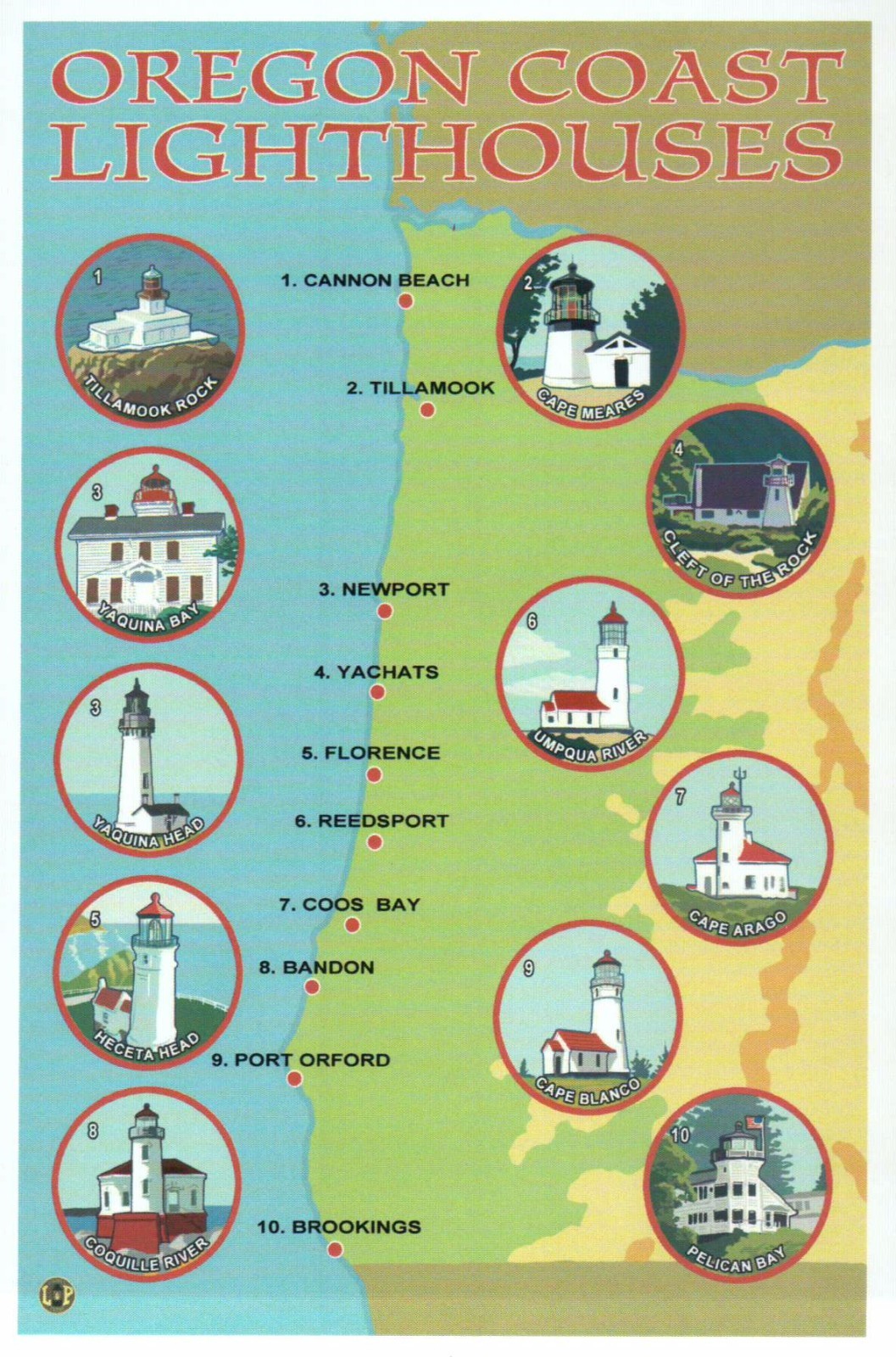 Oregon Coast Lighthouses, Newport, Florence etc - Modern Lighthouse Map Postcard