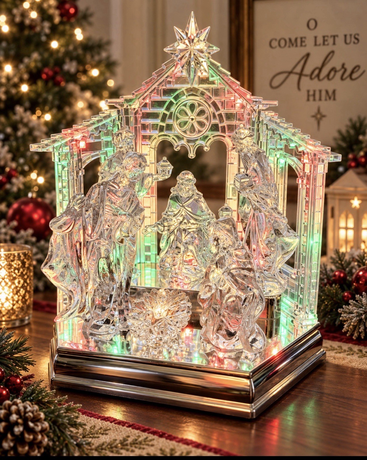 Christmas Festive Voice Lighted Musical Nativity Scene Clear Acrylic NWT
