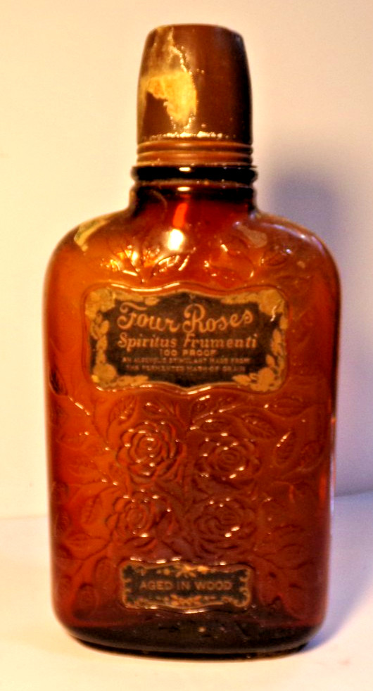 EMBOSSED Amber Glass FOUR ROSES Spiritus Frumenti Bottle + Label + Cork + Cap EMBOSSED Amber Glass FOUR ROSES Spiritus Frumenti Bottle + Label + Cork + Cap