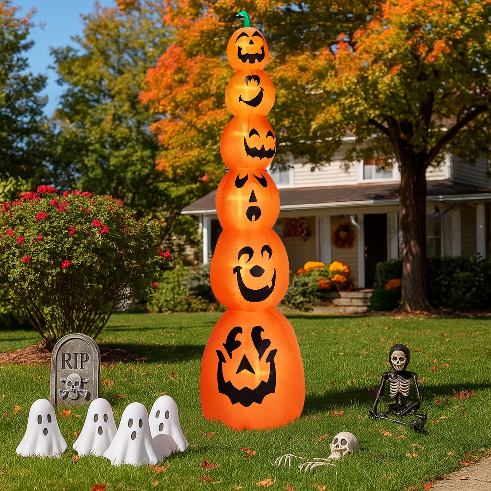 9FT Halloween Inflatable Stacked Pumpkins, Blow up 6 Pumpkins Inflatable with Bu