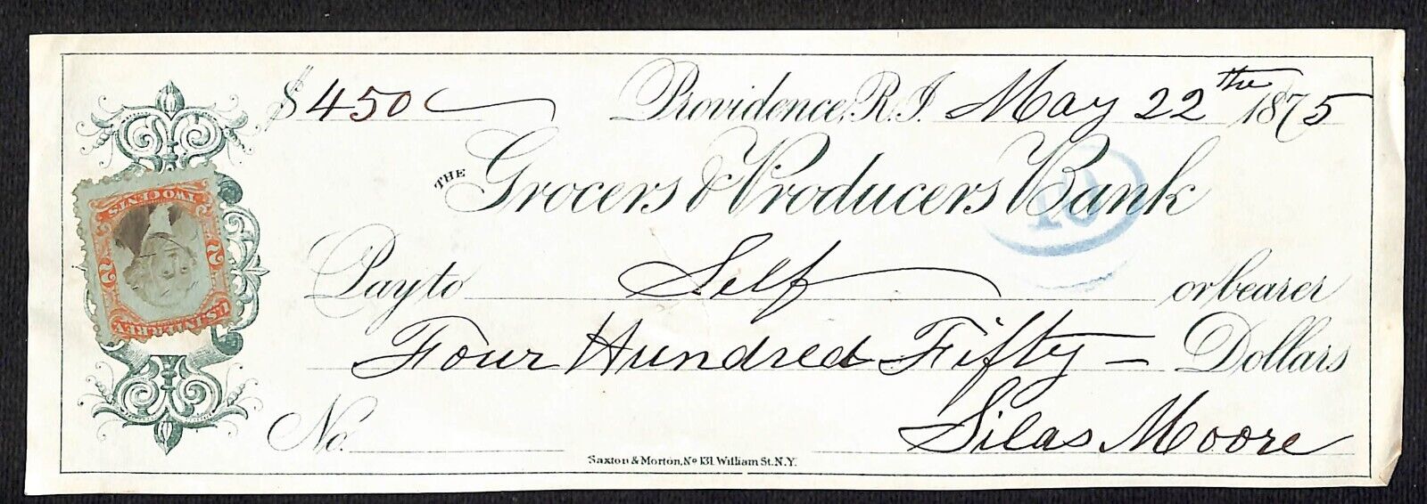 Grocers & Producers Bank Providence RI 1875 $400 Silas Moore Bank Check - Scarce