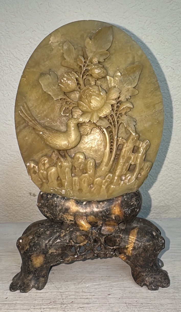 Vintage Antique Chinese Sculpture Soapstone Flower and Bird Plaque with Stand