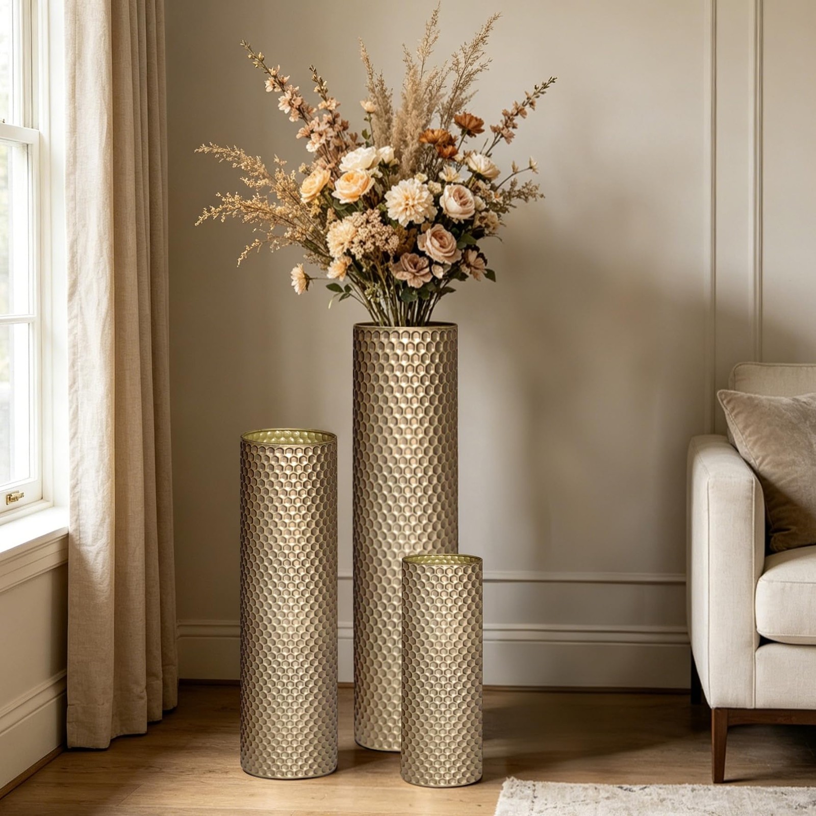 NOLIPED Gold Tall Floor Vase - Set of 3 Brass Large Metal Decorative Vases NOLIPED Gold Tall Floor Vase - Set of 3 Brass Large Metal Decorative Vases
