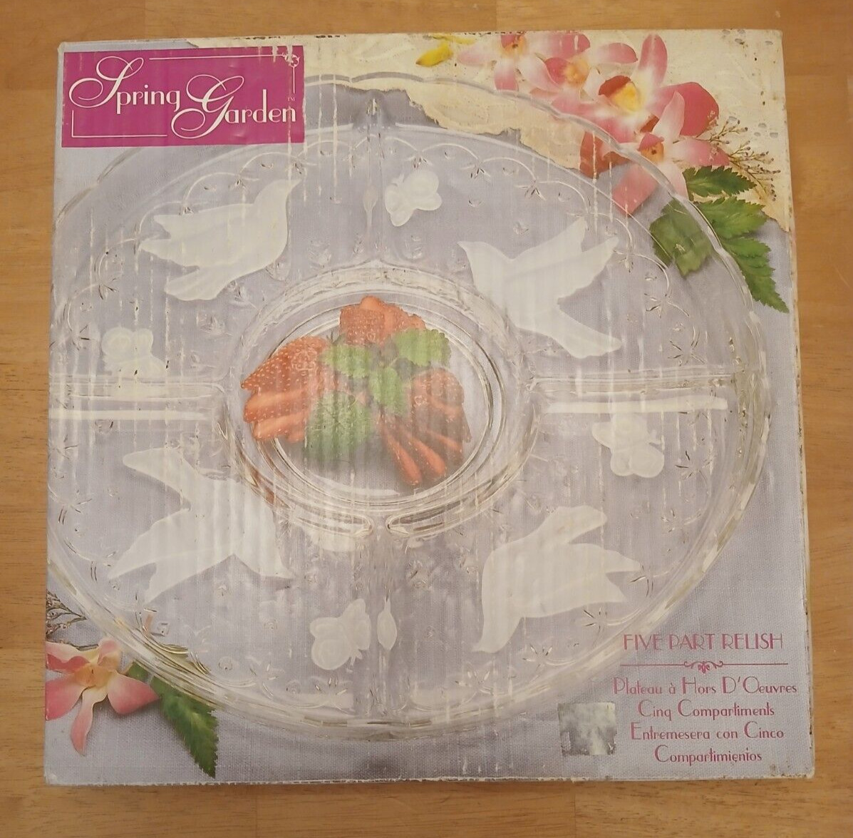 Vintage Indiana Glass Serving Tray BNIB Five Part Relish Tray Birds Butterflies