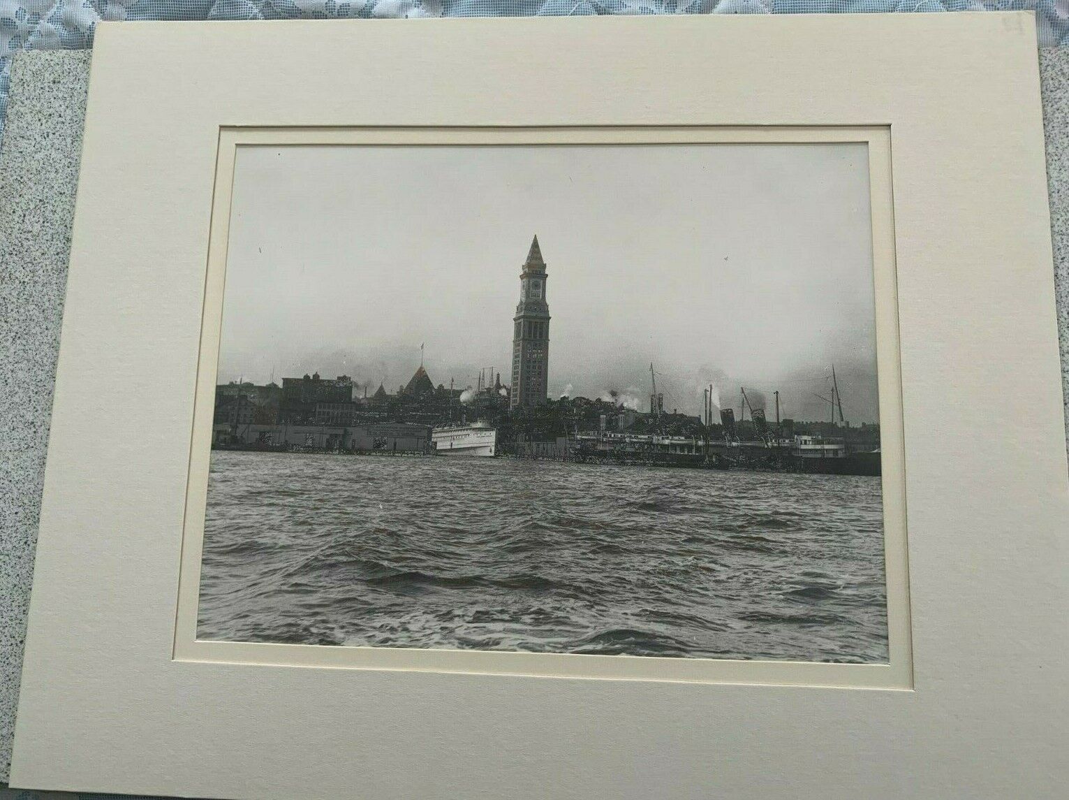 Large B&W Photograph Custom House Tower Boston 1919 Double Matted Silvered 14x11