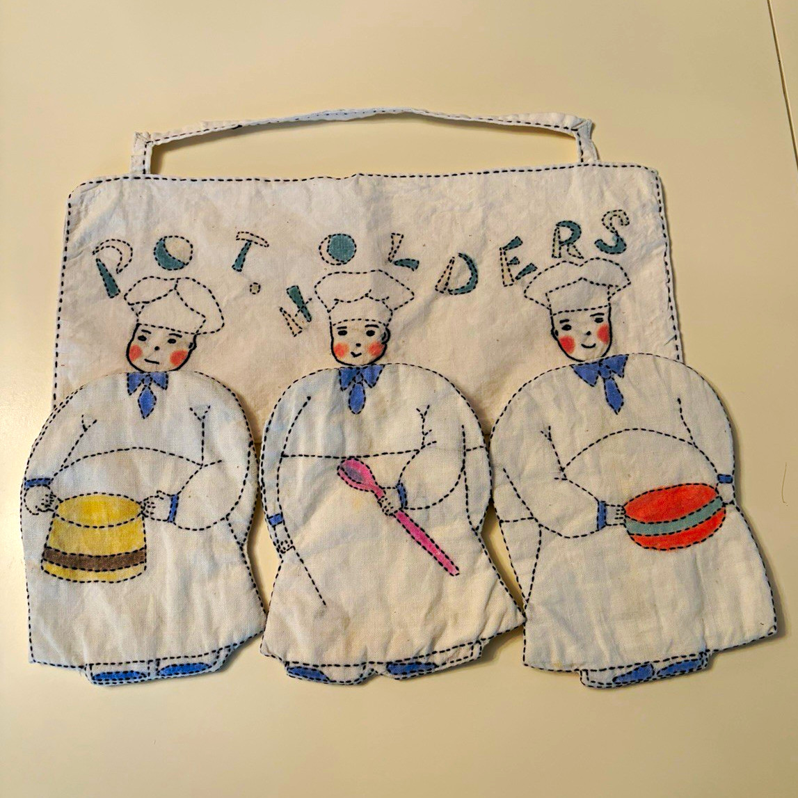 Vintage Embroidery Handmade Cotton Hanging Potholder Set, Three Chefs EUC